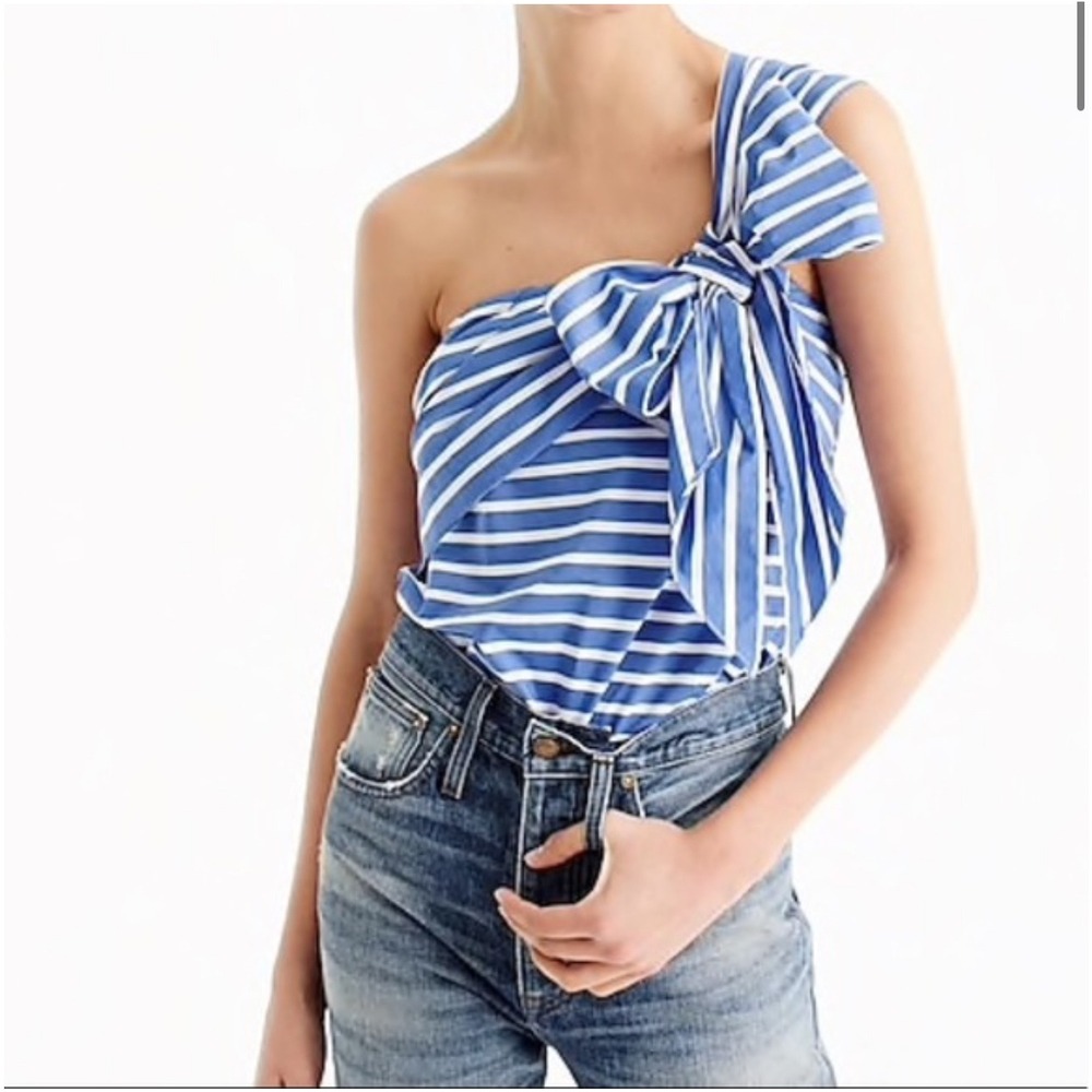 NWT J.Crew Blue‎ & White Stripe Bow One Shoulder Top Blouse Shirt Sailor Coastal